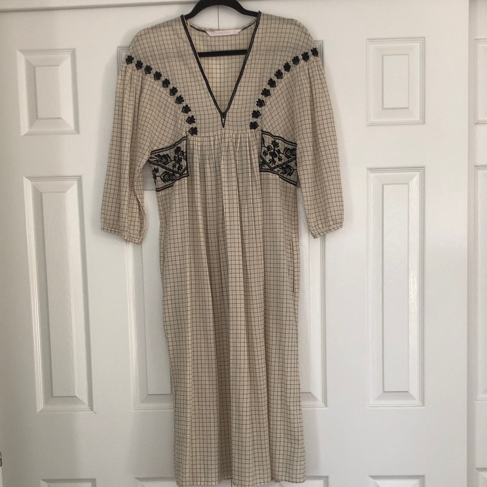 Zara Beige Checked Maxi Dress with Black Embroidery
